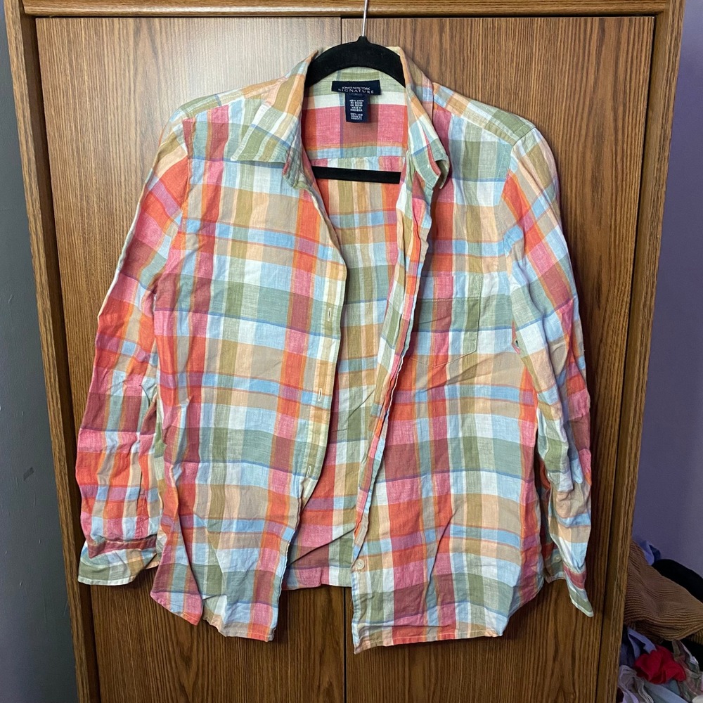 Jones New York Linen Shirt Womens Large Multicolor Plaid Button Up